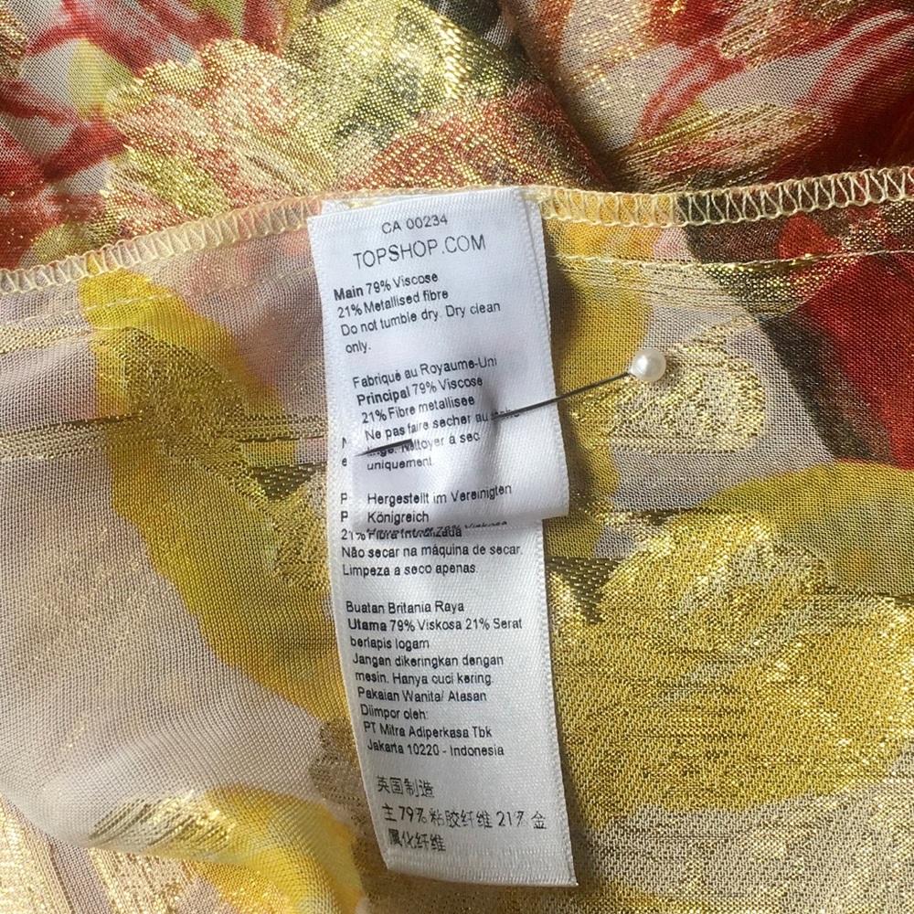 TOPSHOP orange metallic gold sheer short sleeve collared tunic Unique split back - Picture 11 of 14
